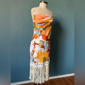 Women’s Loragal Tropical Orange Multi Floral Fringe Slip Dress boho bohemian